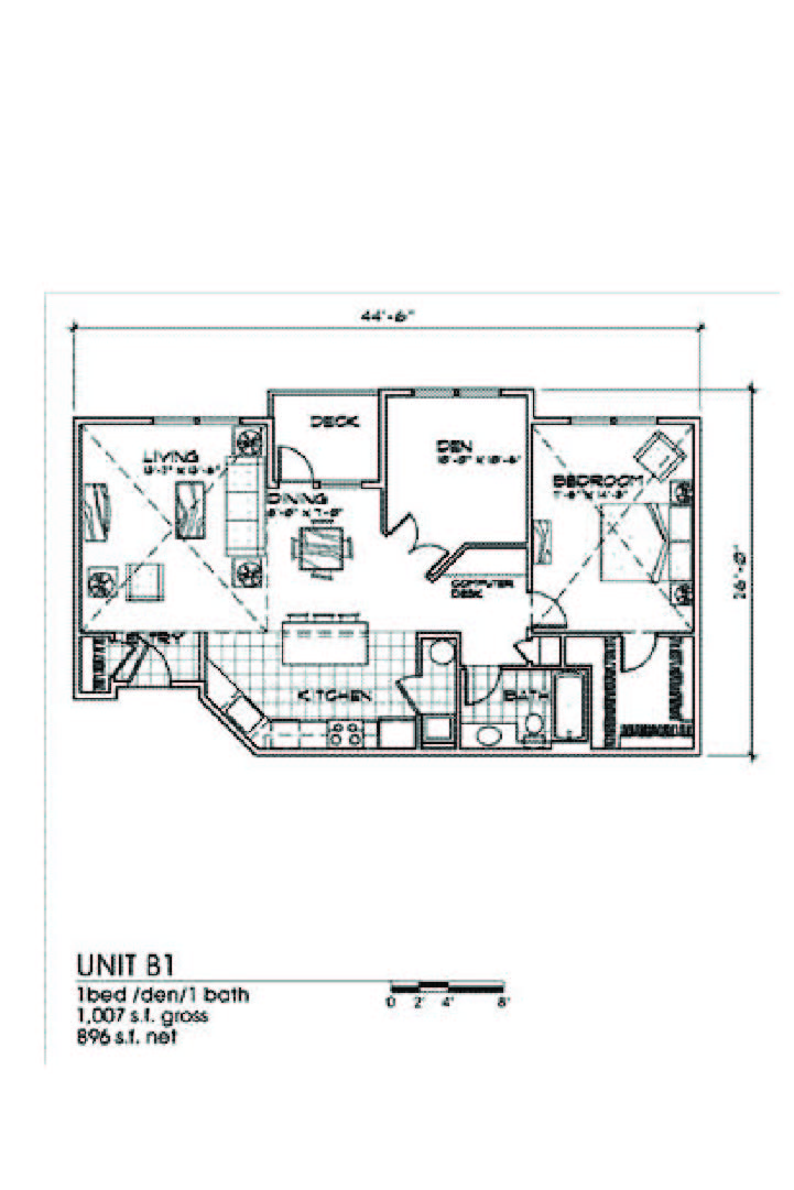Floor plan for 1 bed, 1 bath, 904 sqft